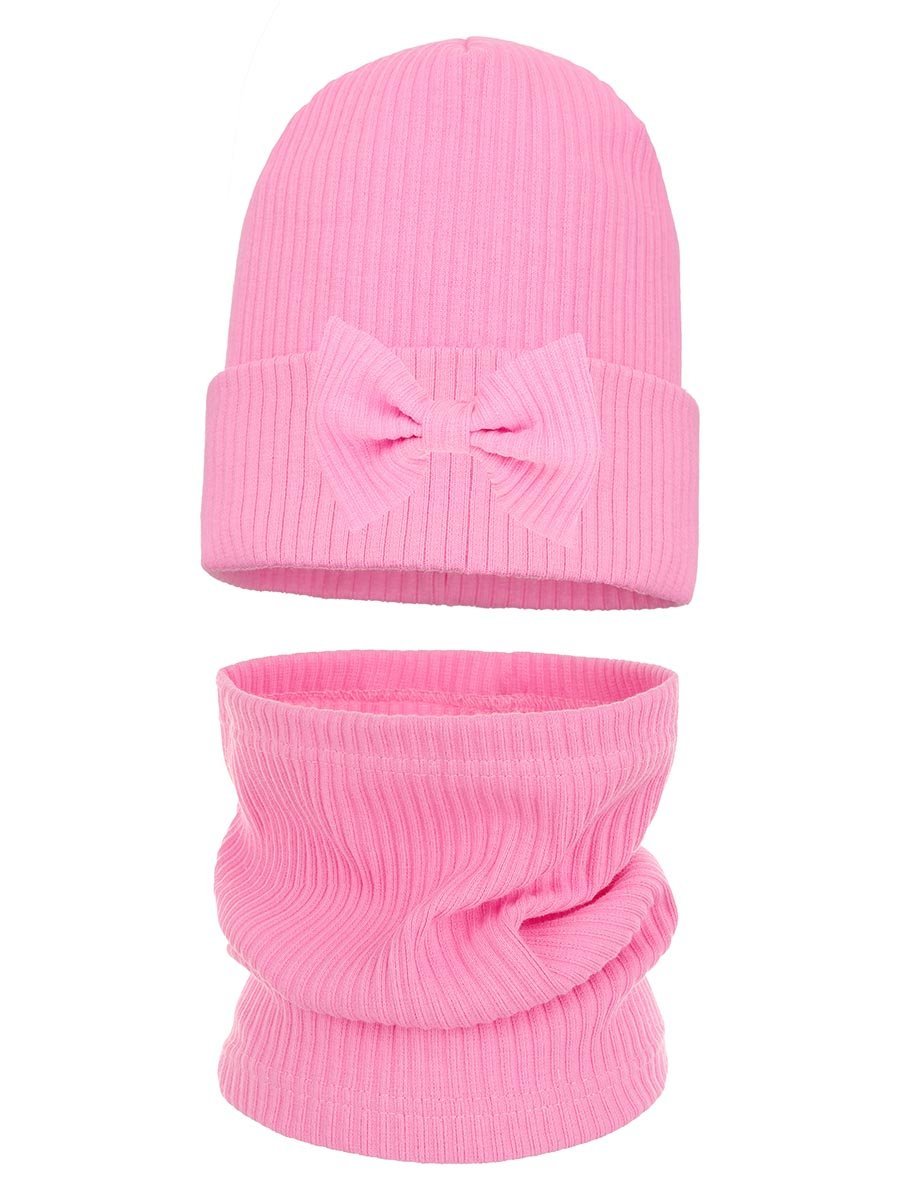 Dziewczęca komplet czapka i komin w prążki z kokardą różowy Ambra r.50/54