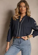 Koszule damskie - Granatowa Koszula Bawełniana z Ozdobnym Haftem i Falbanką Gonnarel - miniaturka - grafika 1