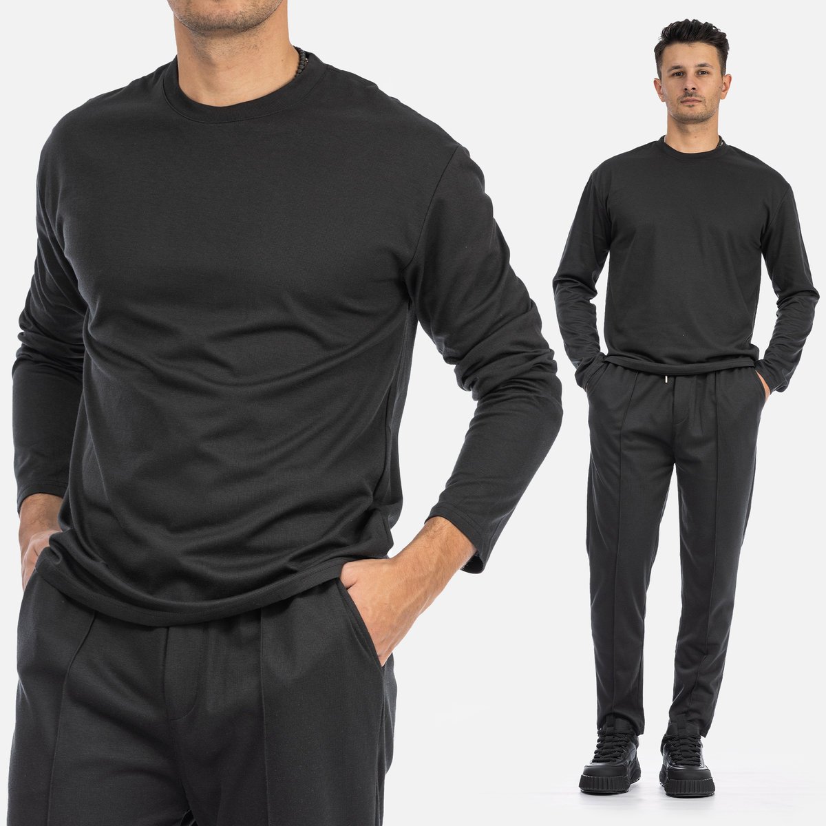 Komplet Męski Bluzka Longsleeve Spodnie Materiałowe Czarny Frilivin BM2055 Czarny XXL