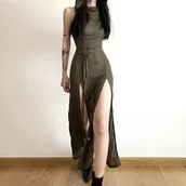 Inne - TEMU Jednokolorowa Sukienka z Kapturem bez Rękawów, Seksowna z Wiązaniem na Plecach i Rozcięciem, Obcisła Maxi na Wiosnę i , Odzież Damska - miniaturka - grafika 1