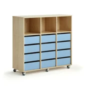 Meble do szkół i przedszkoli - Regał szkolny CASPER, 12 szuflad, 3 górne przegrody, brzoza, błękitny - miniaturka - grafika 1