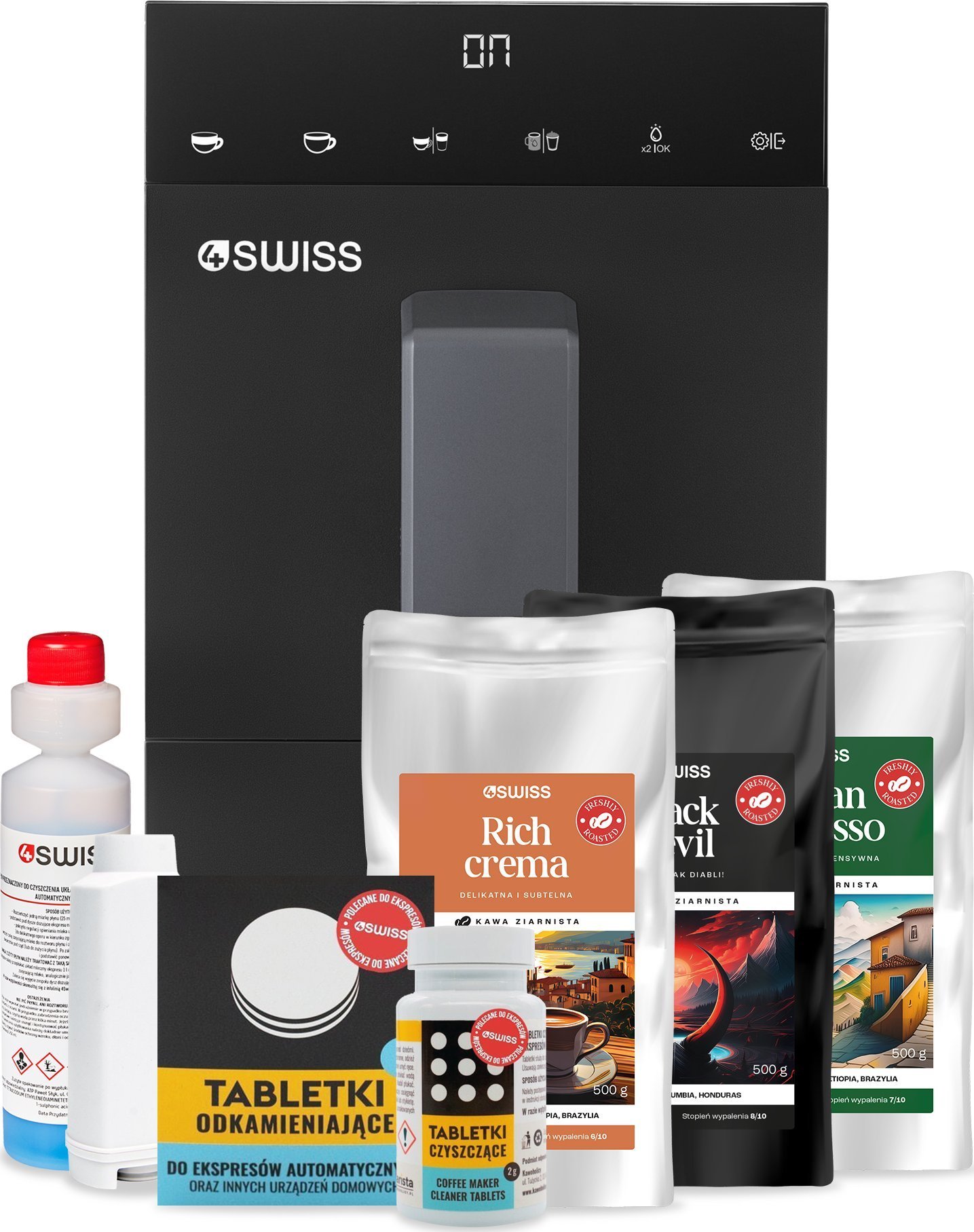 Ekspres ciśnieniowy 4Swiss 4Swiss A23 Siena + zestaw kaw 3x 500g + środki czystości i filtr