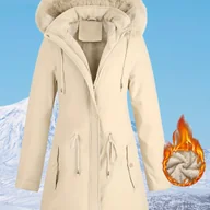 Kurtki damskie - TEMU Damska Casualowa Kurtka z Kapturem, Wiatroszczelna Kurtka na Zamek z Sznurkiem, Modna Średniej Długości Kurtka Zimowa w Jednolitym Kolorze na - miniaturka - grafika 1