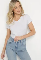 Koszulki i topy damskie - Jasnoszary T-shirt z Bawełny z Trójkątnym Dekoltem Semiora - miniaturka - grafika 1