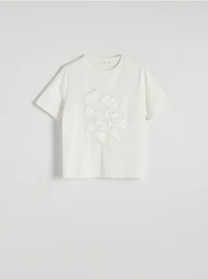 Reserved - Bawełniany t-shirt z haftem - biały - Koszulki i topy damskie - miniaturka - grafika 1