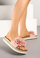 Klapki i japonki damskie - Różowe Klapki Zdobione Plecioną i Kwiatową Aplikacją Kinellea - miniaturka - grafika 1