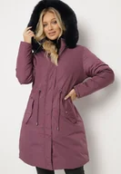 Kurtki damskie - Ciemnofioletowa Dwustronna Kurtka za Kolano z Kapturem z Futerkiem Zephyro - miniaturka - grafika 1