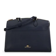 Torebki damskie - Damska torebka ze skóry trapezowa granatowa ze złotym logo - miniaturka - grafika 1