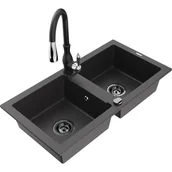 Zlewozmywaki z baterią - Mexen Mario zlewozmywak granitowy 2-komorowy z baterią kuchenną Savita, czarny nakrapiany - miniaturka - grafika 1