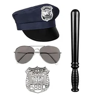 Czapki damskie - Boland 01410 - Zestaw policyjny, czapka, okulary imprezowe, odznaka i pałka 33 cm, czarno-srebrny, szeryf, policjant, kostium, karnawał, impreza z hasłem - miniaturka - grafika 1