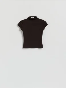 Reserved - T-shirt z wiskozą - ciemnobrązowy - Koszulki i topy damskie - miniaturka - grafika 1