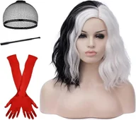 Ozdoby do włosów - Peruka Biało Czarna CRUELLA DE VIL Cosplay włosy półdługie synt.+ AKCESORIA - miniaturka - grafika 1
