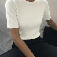 Swetry damskie - TEMU Kolekcja Wiosna/ 2026: Elegancka i Stylowa Biała Bluzka z Krótkim Rękawem dla Kobiet, Dopasowany Fason, Okrągły Dekolt, Wszechstronna Bluzka - miniaturka - grafika 1