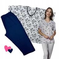 Piżamy damskie - PIŻAMA DAMSKA DUŻY ROZMIAR komplet rybaczki kwiaty biały granat 5XL 6XL - miniaturka - grafika 1