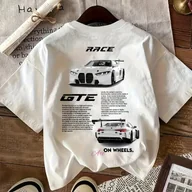 Bluzki damskie - TEMU Koszulka Damska Casual z Nadrukiem Różowego Samochodu Wyścigowego, Okrągły Dekolt, Regularny Krój, Oddychający Materiał i Średnia Elastyczność, - miniaturka - grafika 1