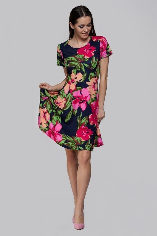 Sukienka Damska Rozkloszowana w Kwiaty XS