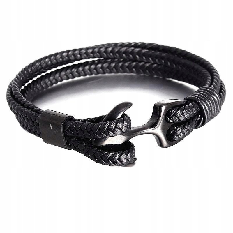 MĘSKA bransoletka skórzana czarna CZARNA KOTWICA