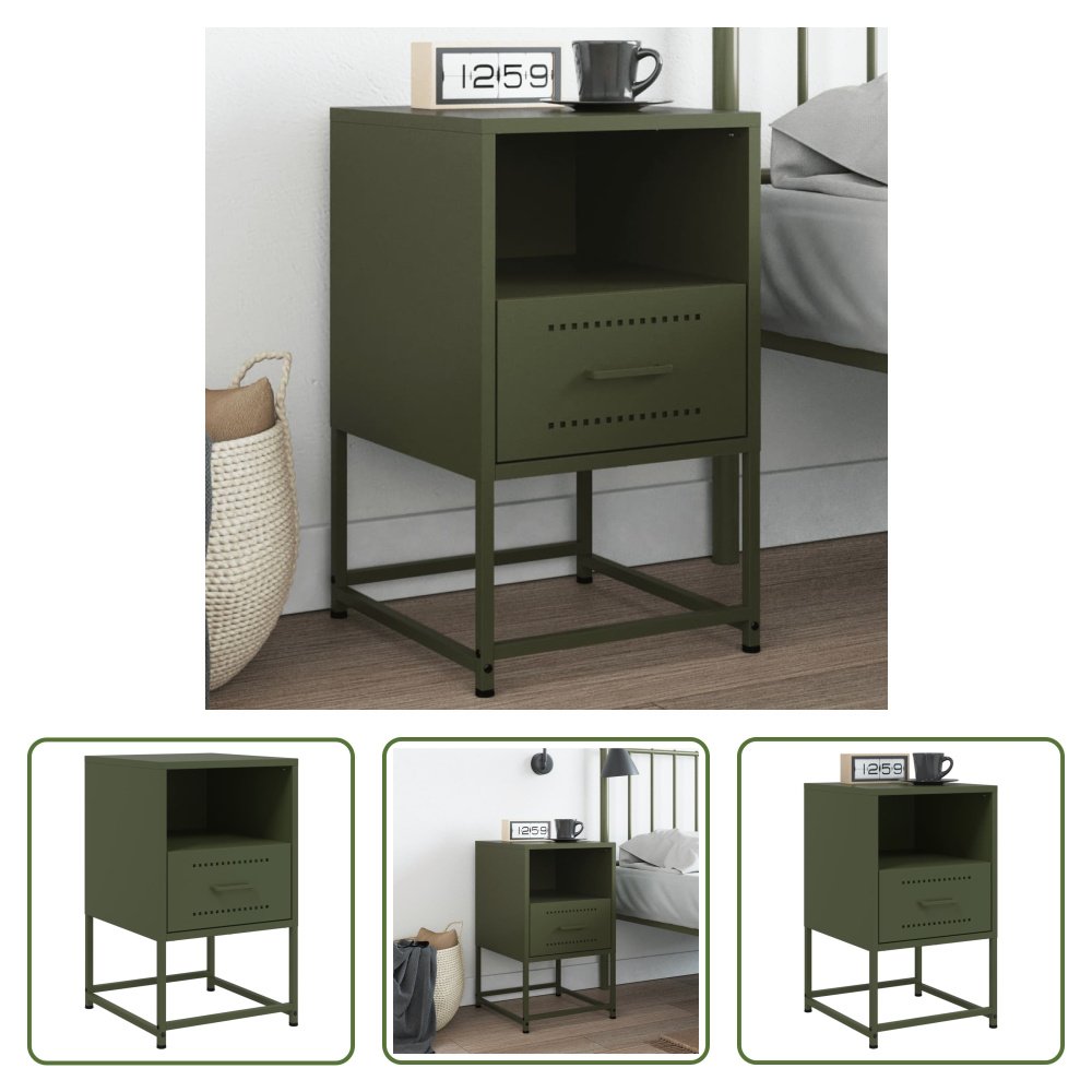 The Living Store szafka nocna oliwkowa zieleń 36x39x60,5 cm stal