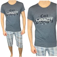 Piżamy damskie - Piżama męska krótki rękaw granat melanż spodnie kratka impact M - miniaturka - grafika 1