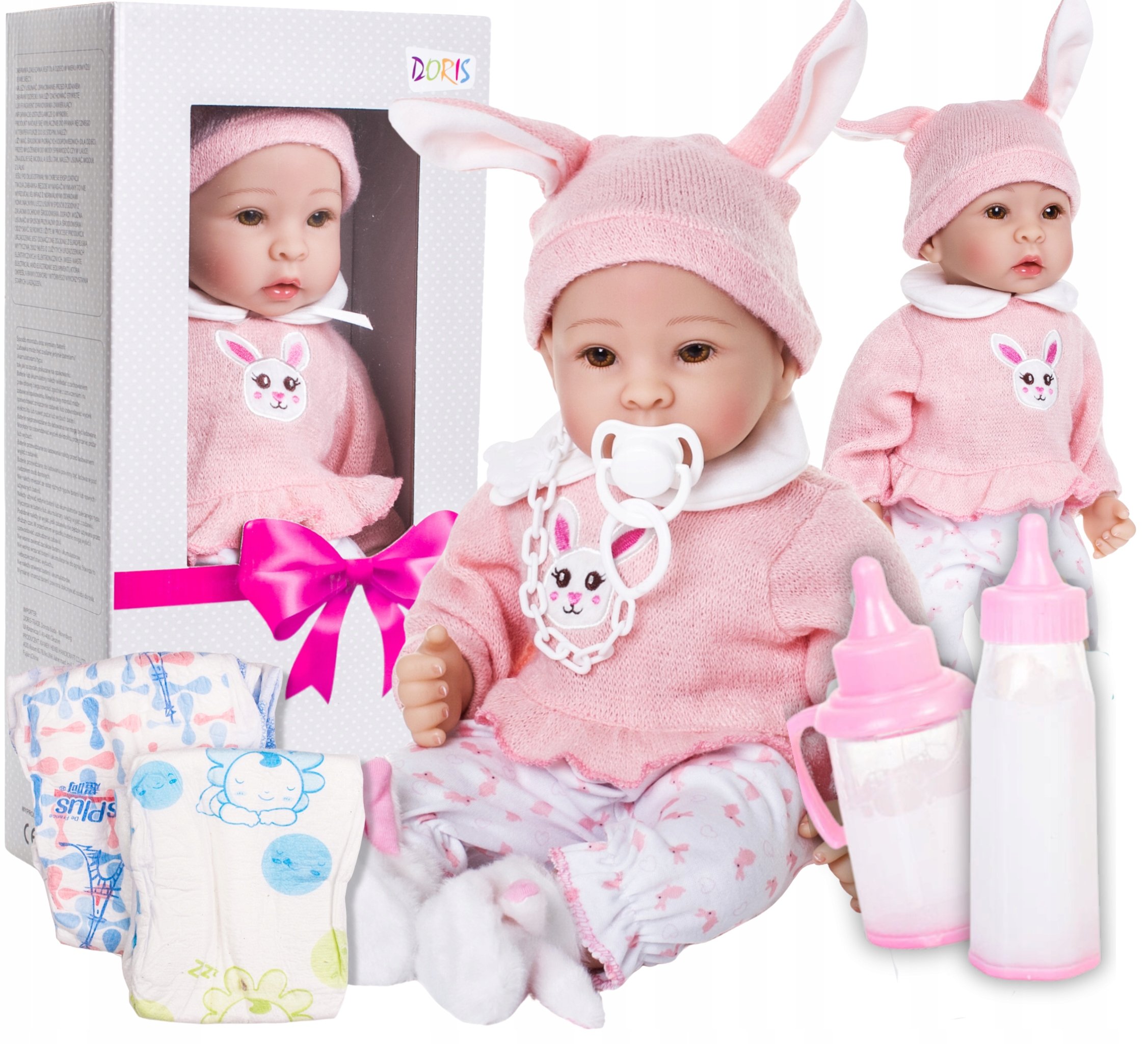 Pachnąca Lalka Niemowlak Bobas Zestaw Pampersy Butelki Smoczek
