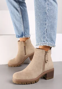 Beżowe Botki Sztyblety na Obcasie Ozdobione Suwakiem Terisettis - Botki damskie - miniaturka - grafika 1