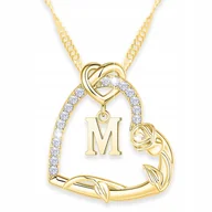 Naszyjniki - Złoty Naszyjnik Litera Serce Kwiat Różą z Literką Inicjał M SREBRO 925 - miniaturka - grafika 1