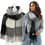 Apaszki i szaliki damskie - Szalik damski duży ciepły długi szal stylowy modny premium zimowy w kratkę Rovicky szary czarny - miniaturka - grafika 1