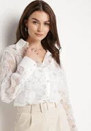 Koszule damskie - Jasnobeżowa Przeźroczysta Koszula z Perełkami i Cekinami z Motywem Kwiatów Raviona - miniaturka - grafika 1