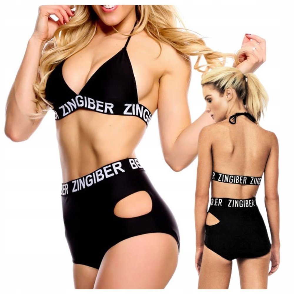 STRÓJ KĄPIELOWY WYSOKI STAN PASKI KOSTIUM Z NAPISAMI WYCIĘCIA WIĄZANY S