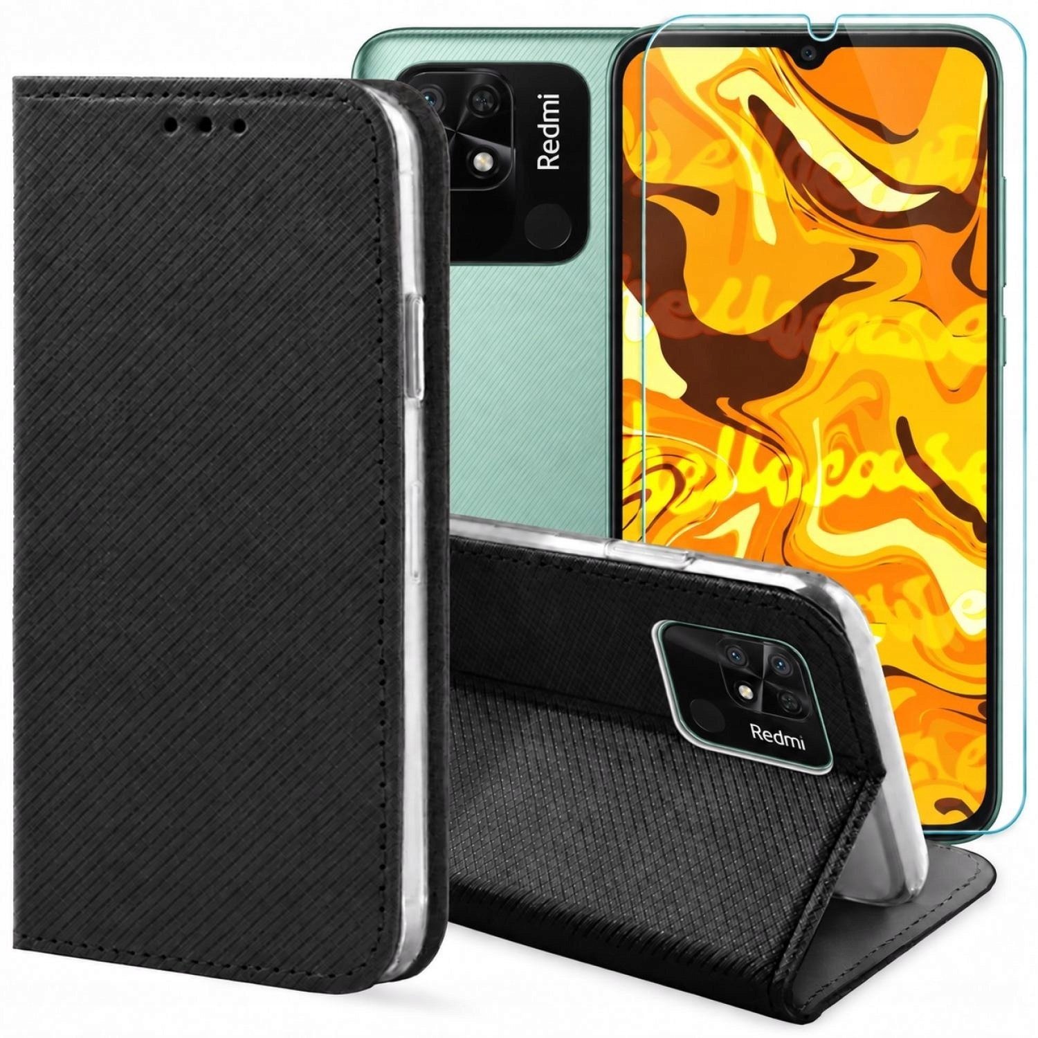 Hello Case Etui z Klapką Do Xiaomi Redmi 10C 4G / 12C Czarne, Zamykane, Case Szkło BNDL1206