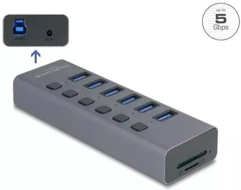 HUB USB Delock Zewnętrzny USB 5 Gbps 6 Port Hub z przełącznikiem i gniazdem SD / Micro SD 64237
