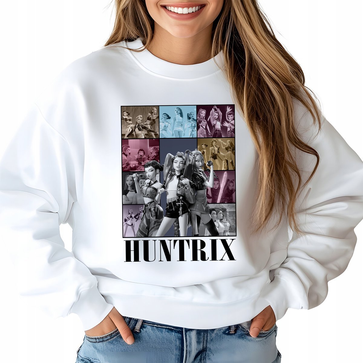 Bluza Biała Damska HUNTRIX KPOP GIRLS Bajka Hit BEZ KAPTURA Wzory Rozmiar M