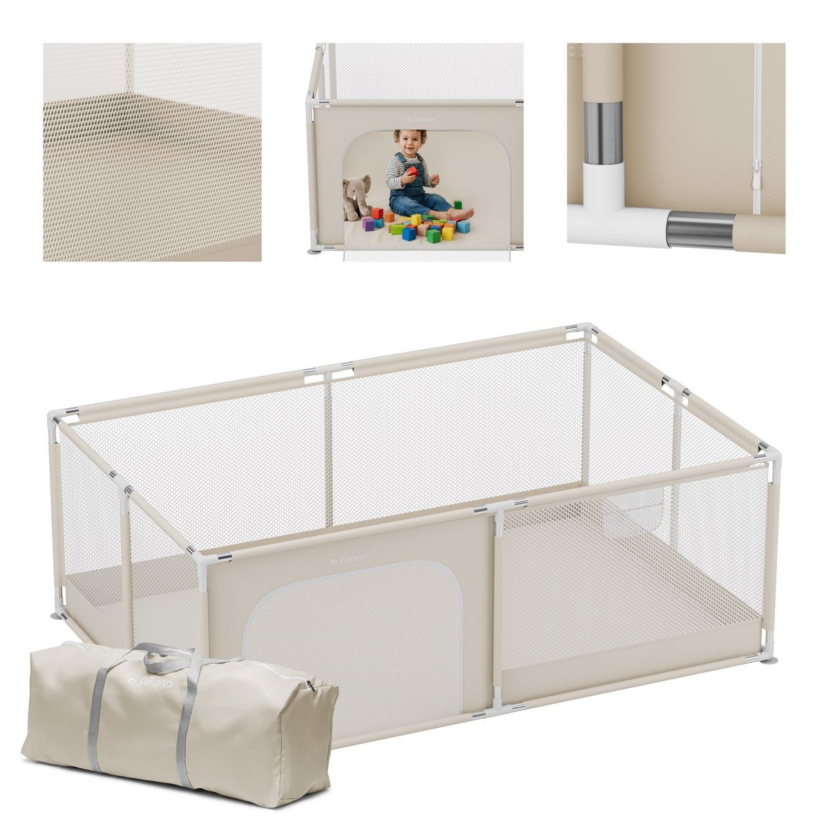 Kojec dziecięcy Tulano Cozy 22 Beige, duży kojec z podłogą 120x180 cm, antypoślizgowe nóżki, torba transportowa