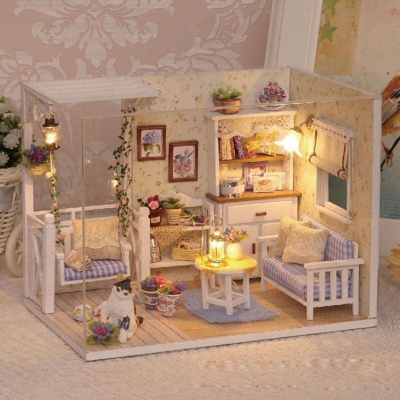 DIY Miniaturowy Domek dla Lalek Drewniany Model 3D do Złożenia Dom LED