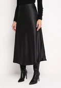 Spódnice - Czarna Rozkloszowana Midi Spódnica Satynowa Zapinana na Suwak z Gumką w Pasie Williwarne - miniaturka - grafika 1