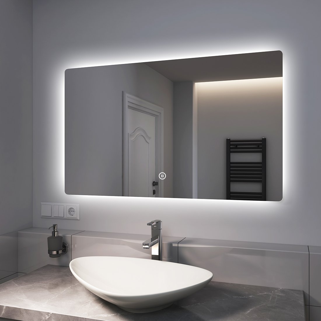 EMKE Lustro łazienkowe LED o średnicy 100x60 cm Lustro łazienkowe LED z oświetleniem 3 barwy światła 3000-6400K Zimna biel Neutralna Ciepła biel Możliwość ściemniania Podświetlane lustro z przełącznikiem dotykowym IP44 Energooszczędne