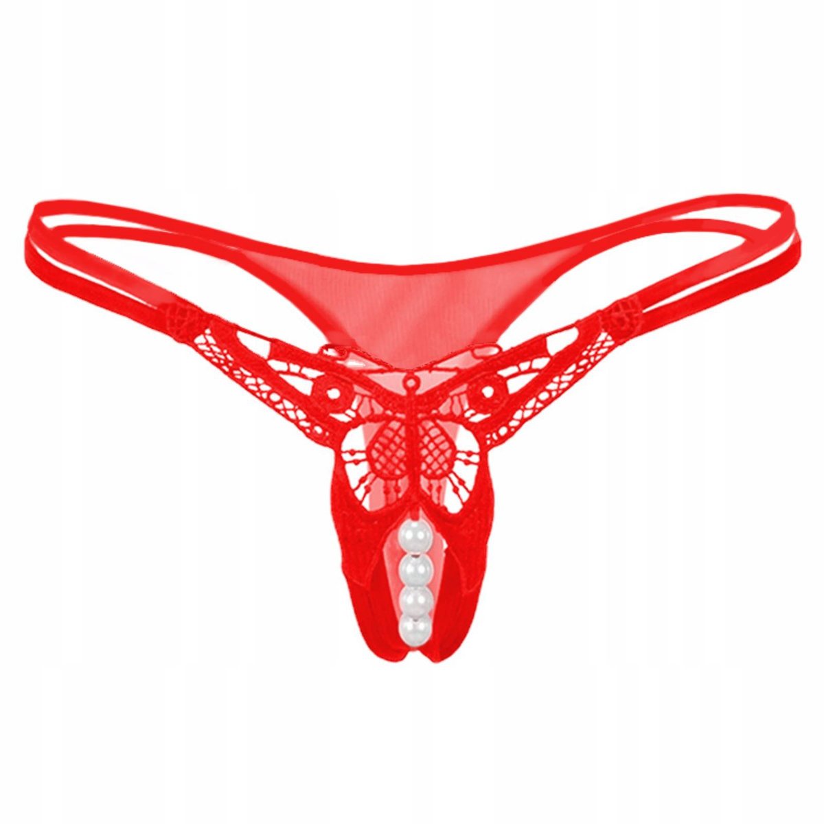 Stringi paseczki czerwone majtki z rozcięciem haft perełki - S/M