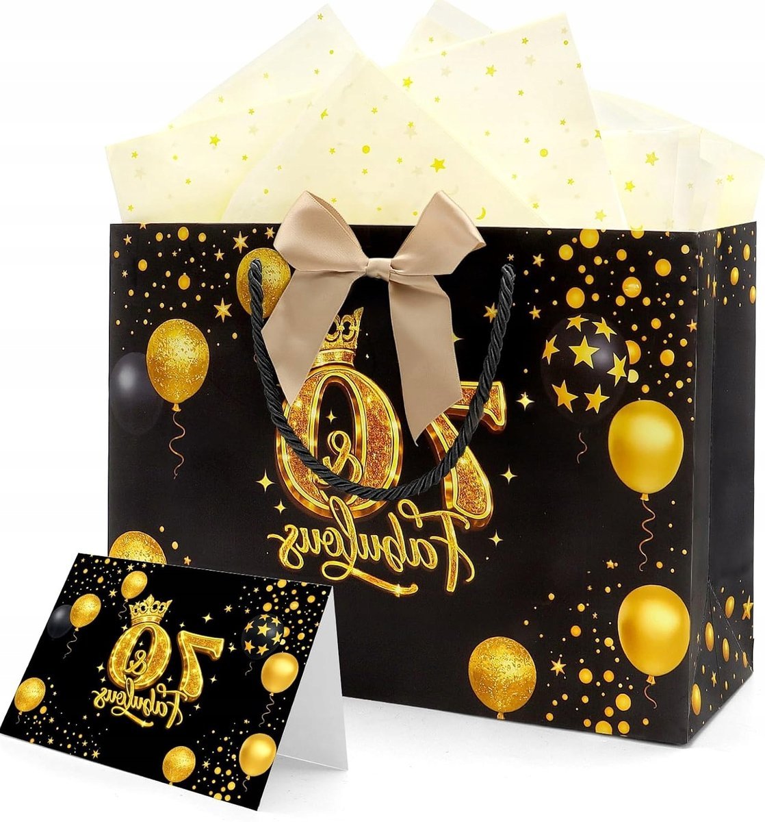 TOREBKA PREZENTOWA CZARNA ZŁOTA ELEGANCKA PAPIER DEKORACYJNY WSTĄŻKA KARTA