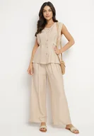 Komplety damskie - Beżowy Komplet Bluzka Bez Rękawów z Regulacją w Talii i Szerokie Spodnie Dovalinae - miniaturka - grafika 1