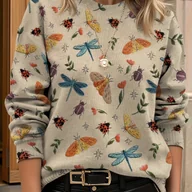 Swetry damskie - TEMU Sweter Damski Lekki - Wzór Kwiatowy i Owadów (Biedronki, Ważki, Biedronki) na Beżowym Tle - Bluzka z Długim Rękawem i Okrągłym Dekoltem - - miniaturka - grafika 1