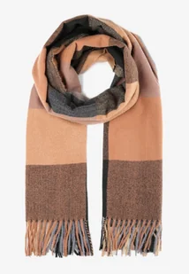 Ciemnobeżowy Szalik w Kratę z Frędzlami Aznii - Apaszki i szaliki damskie - miniaturka - grafika 1