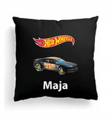 Poduszki dekoracyjne - Foto Poduszka Czarna Hot Wheels Auta + IMIĘ - miniaturka - grafika 1