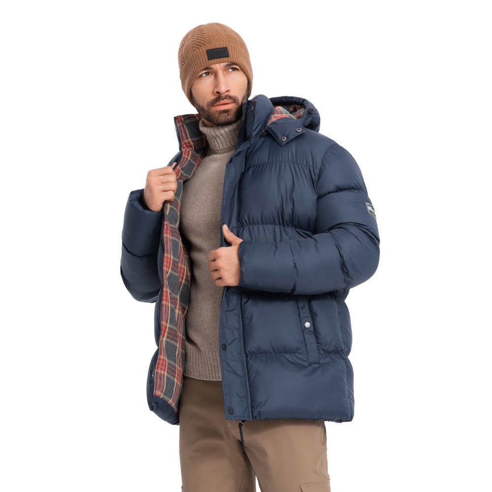 Kurtka męska puffer z podszewką w kratę granatowa V1 OM-JAHP-0205 S
