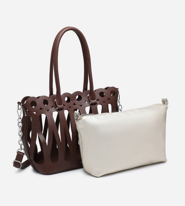 Torebka Damska Ażurowa Elegancka Brązowa Shopper Na Ramię LUIGISANTO