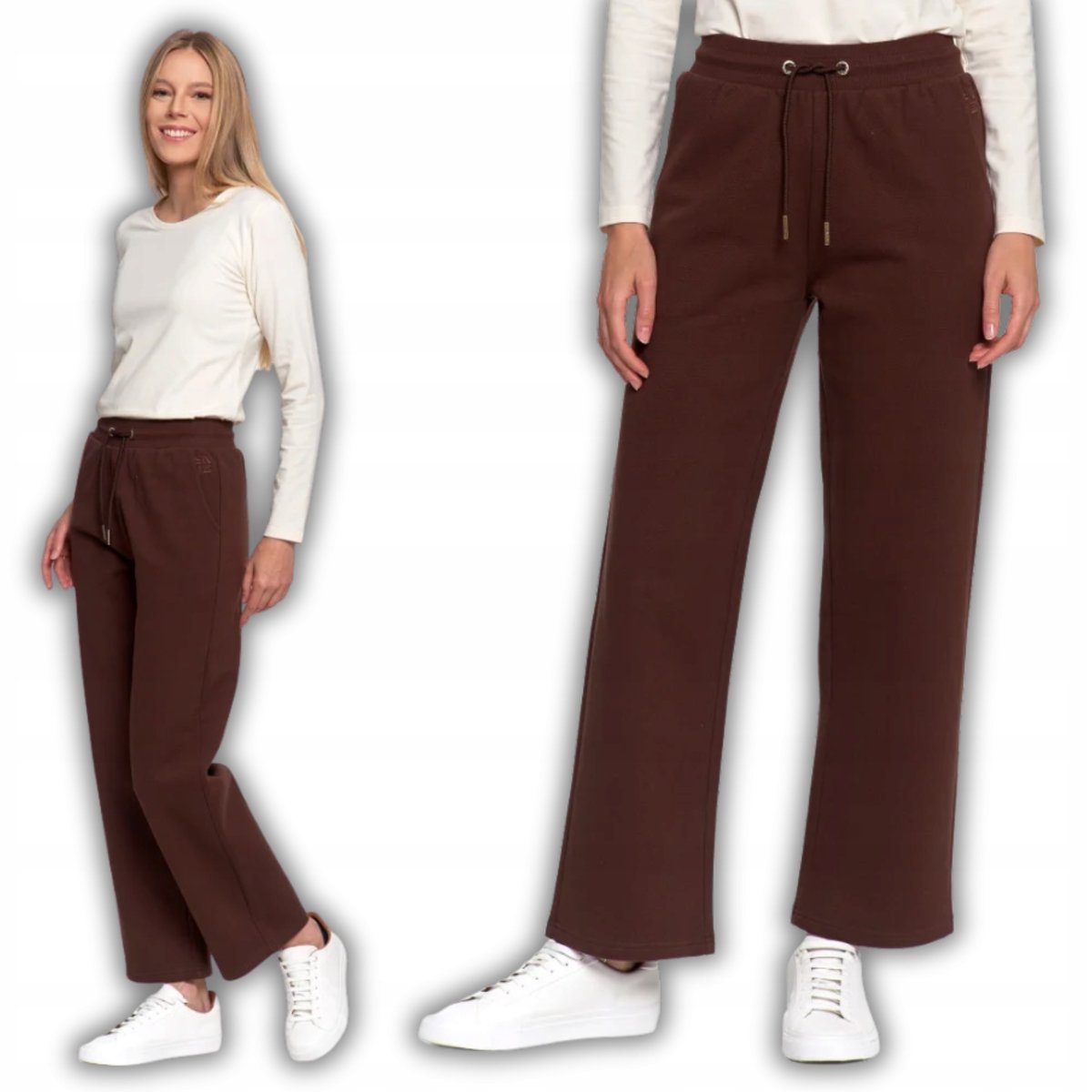 SPODNIE DAMSKIE DRESOWE OCIEPLANE Z WYSOKIM STANEM 100% BAWEŁNA MORAJ XL BROWN