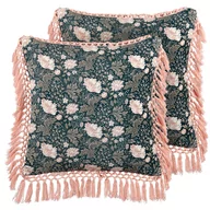 Poduszki dekoracyjne - 2 poduszki dekoracyjne welurowe w kwiaty z frędzlami 45 x 45 cm niebiesko-różowe PARROTIA - miniaturka - grafika 1