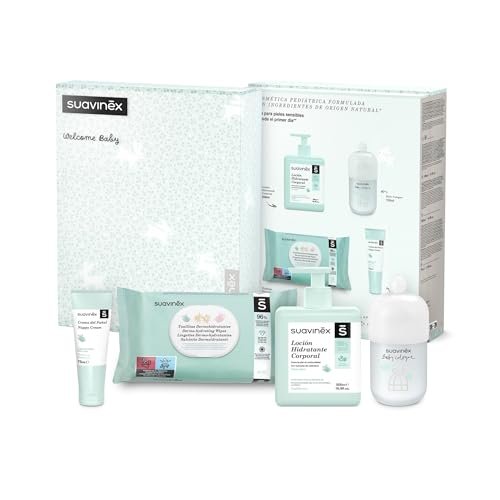 Suavinex Kosmetyczka dla noworodków z kremem wymiany 75 ml, nawilżający balsam do ciała 500 ml, perfumy Baby Cologne 100 ml i chusteczkami 72 sztuki