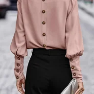 Bluzki damskie - TEMU Elegancka Bluzka z Długim Rękawem i Okrągłym Dekoltem - Koszulka z Kołnierzykiem, Regularny Fason H-Line, Jednokolorowa, Pranie w Praniu - miniaturka - grafika 1