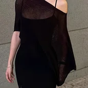 Swetry damskie - TEMU Elegancki letni top - Asymetryczna tkanina z lodu, design z odkrytymi ramionami, szary, wysoka rozciﾄ�gliwoﾅ崙�, bez rﾄ冖awﾃｳw, styl dla kobiet, we - miniaturka - grafika 1