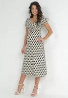 Sukienki - Beżowa Sukienka Taliowana z Marszczeniem w Geometryczny Wzór Garnette - miniaturka - grafika 1